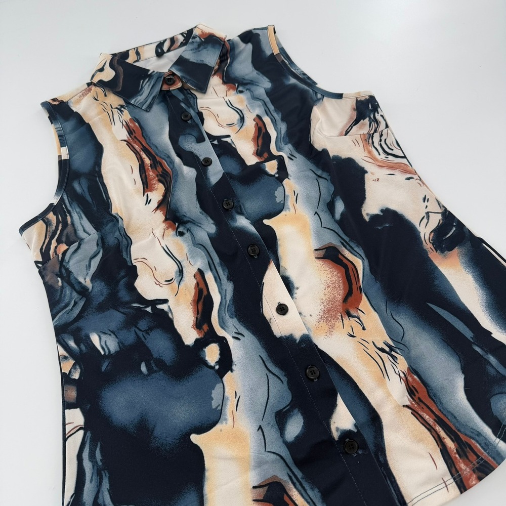 Flamingos Life Sleeveless Button Down Abstract Marble Print Women Size Med‎ Blue